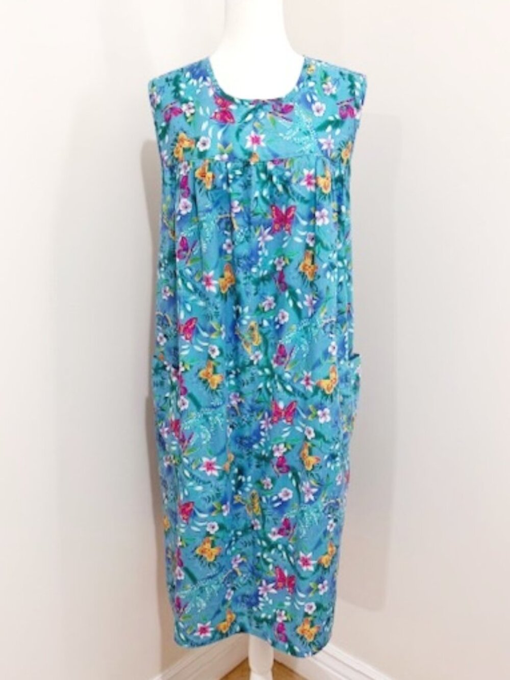 Vintage National Muumuu House Dress Sleeveless Pockets Blue Floral Butterflies L